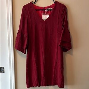 Red Ribbed Mini Dress with Ruffled 3/4 Sleeves